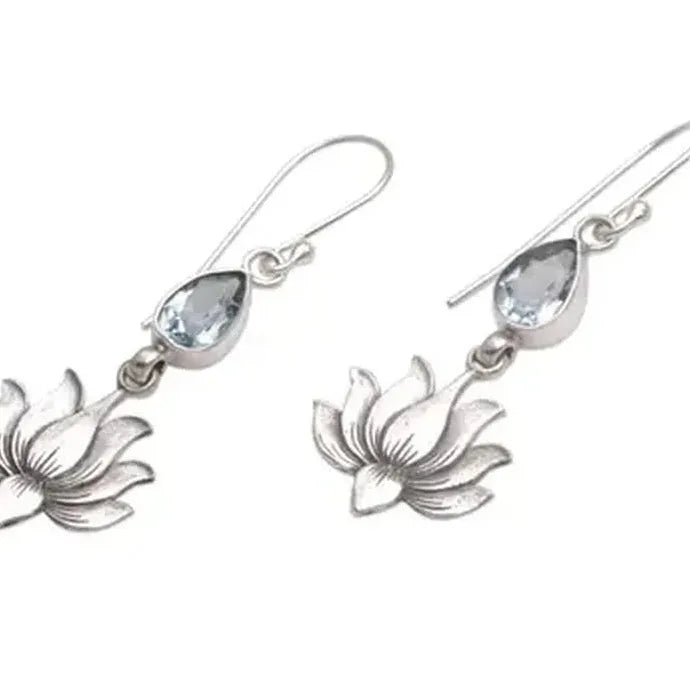 Vintage Blue Cubic Zirconia Lotus Drop Earrings for Women Zinc Alloy Jewelry Gift