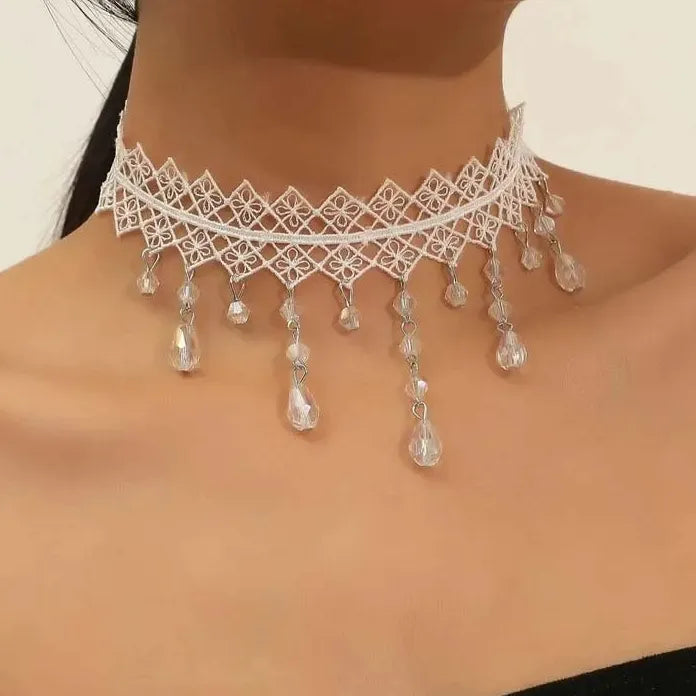 Punk Gothic Black Lace Crystal Flower Choker Necklace for Women Jewelry