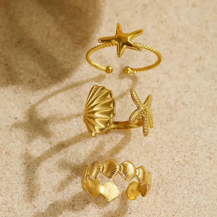 3Pcs Women's Ocean Starfish Shell Open Rings Gold Stainless Steel Jewelry Set