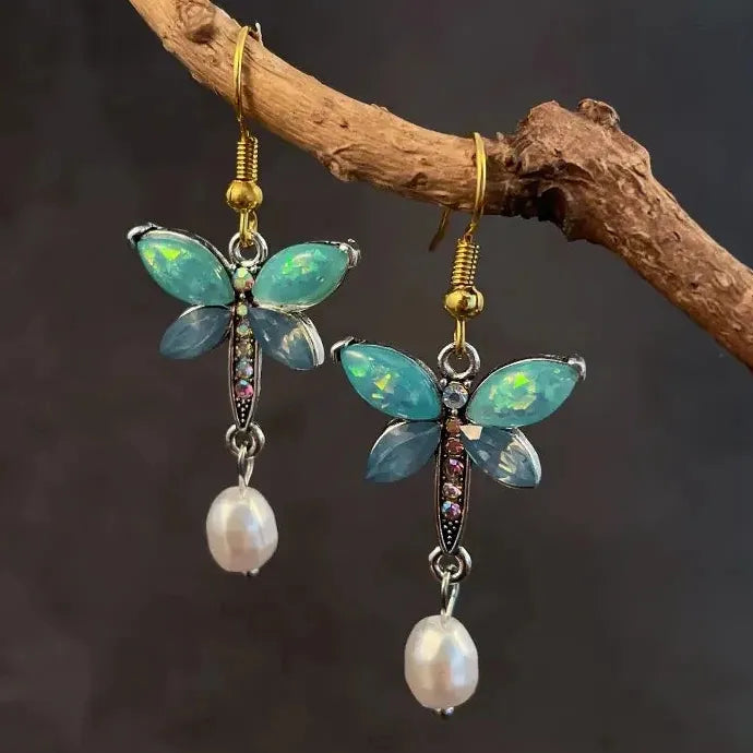 Elegant Dragonfly Carving Seven Color Gemstone Hook Earrings for Women Wedding Jewelry
