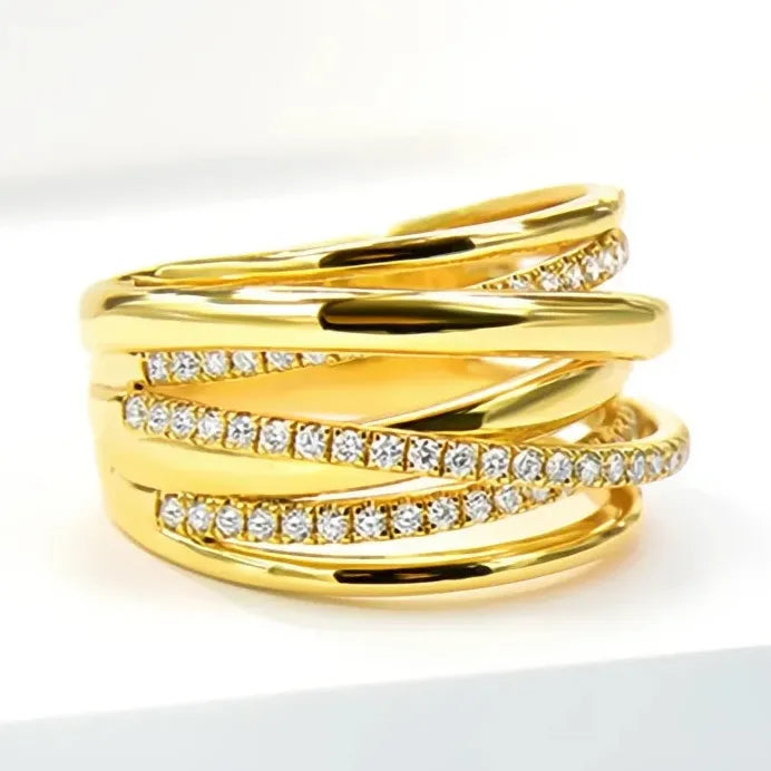 Gold Multi-Layer Geometric Cubic Zirconia Wedding Band Ring for Women