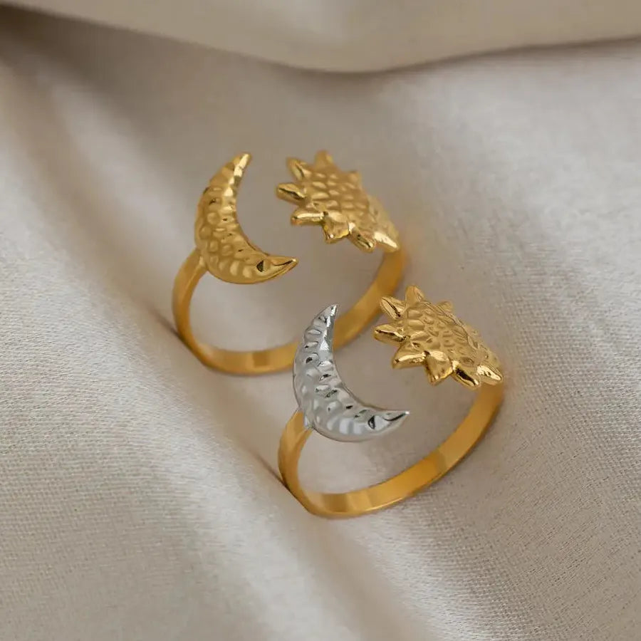 Minimalist Asymmetric Moon Star Open Ring for Women Gold Stainless Steel Jewelry