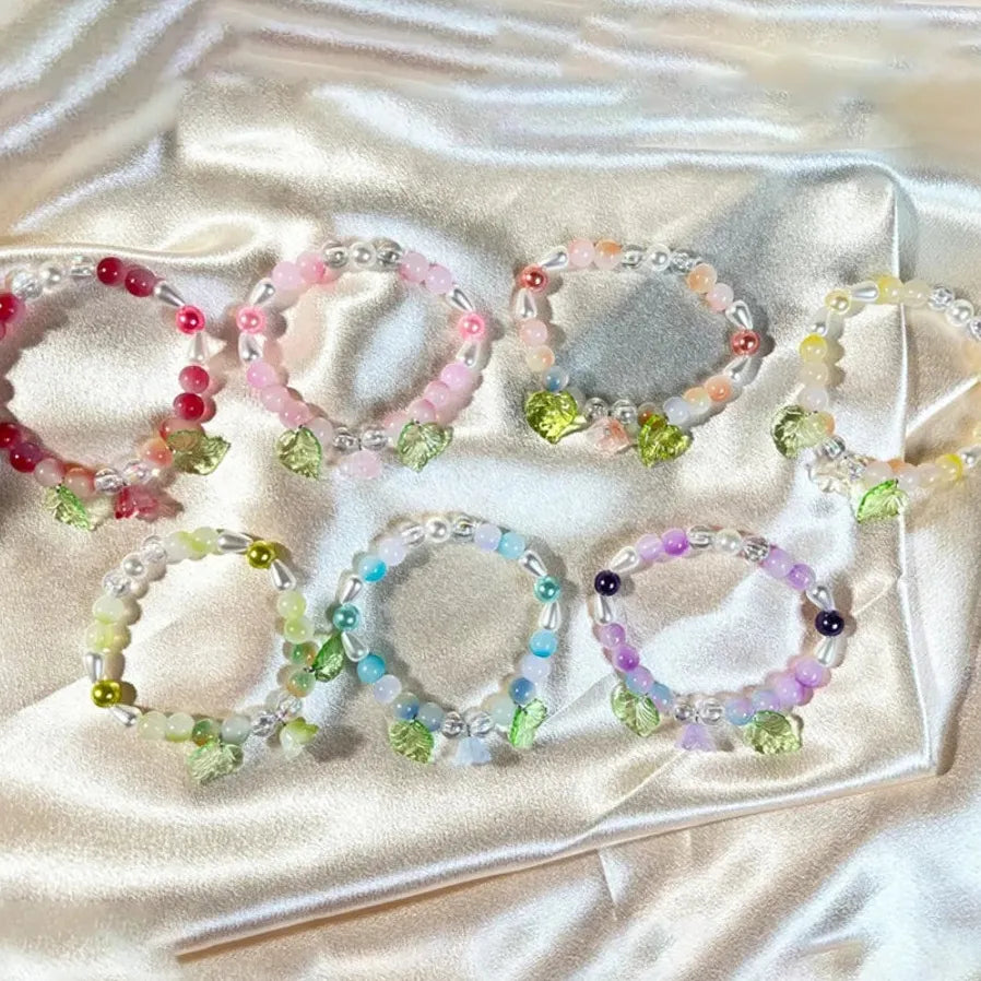 Handmade Fashion Colored Glass Flower Bracelet for Women Elastic Beaded Pearl Jewelry