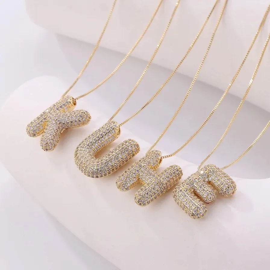 2026 Stainless Steel Bubble Letter A-Z Necklace Cubic Zirconia Pendant Women Girls