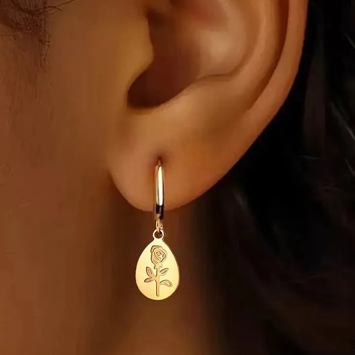 Stainless Steel Teardrop Rose Drop Earrings Romantic Dangle Gift