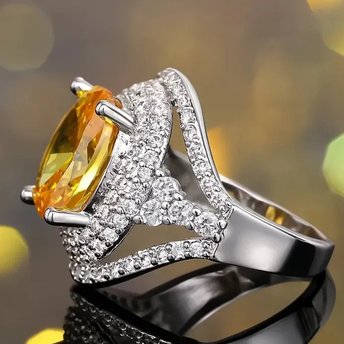 Luxury Yellow & White Oval Cubic Zirconia Cocktail Ring Jewelry