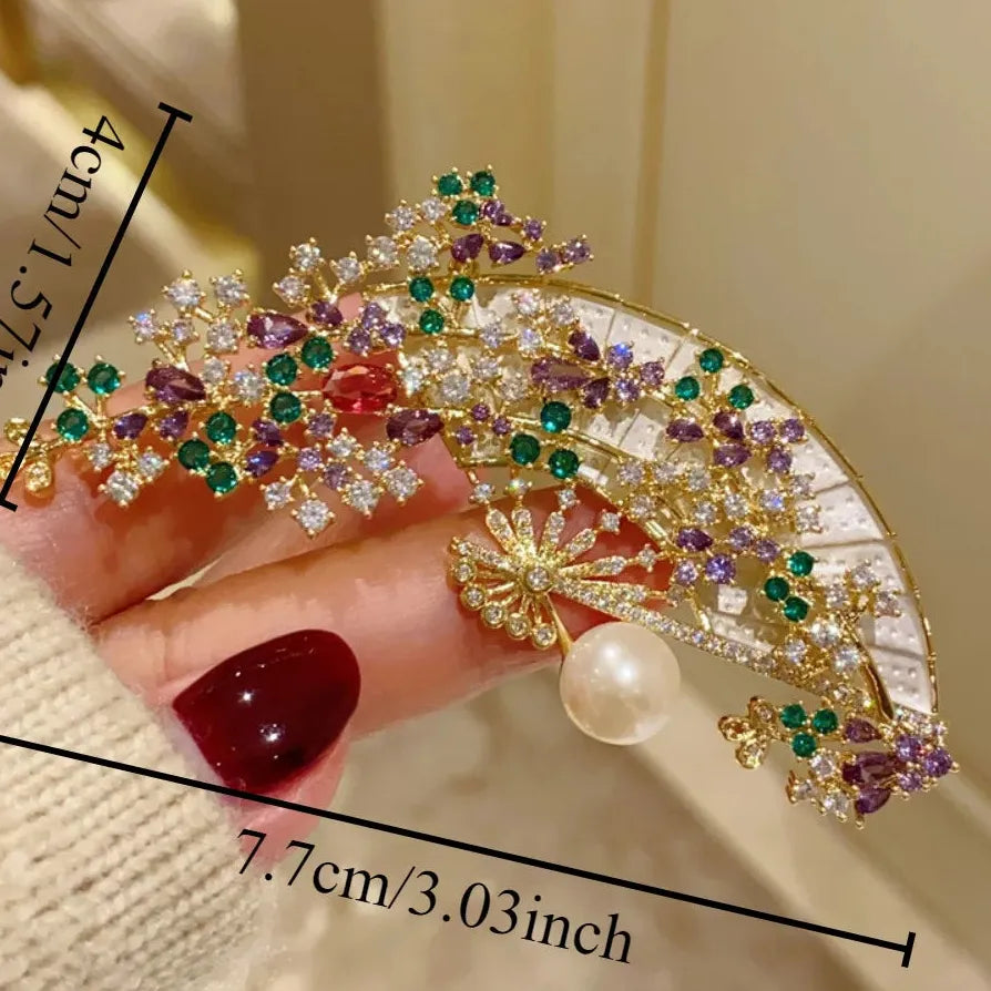 Vintage Chinese Violet Vine Folding Fan Brooch Pin for Women
