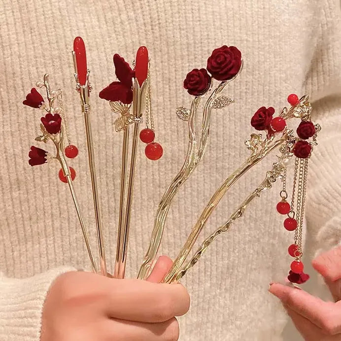 Vintage Chinese Red Rose Alloy Tassel Hair Stick for Women Hairpin