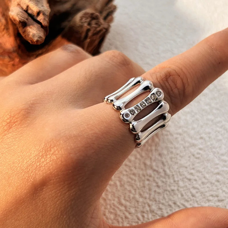 Stainless Steel Geometric Hollow Wide Ring Inlaid Zircon Knuckle Ring Daily Jewelry