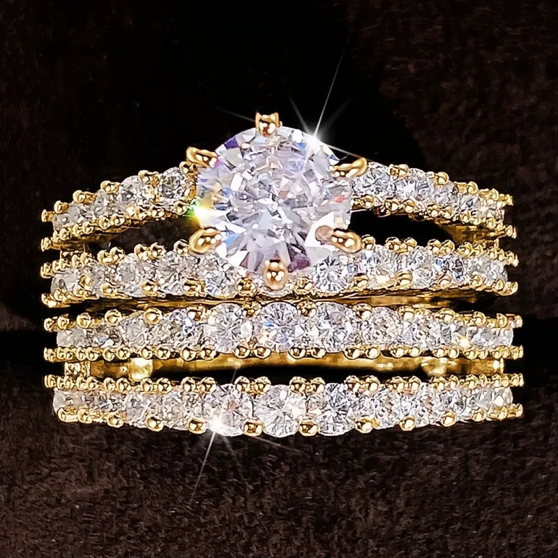 Trendy Hollow Set Rings 2Pcs Full Bling Iced Out CZ Stone Luxury Women Wedding Engagement Jewelry