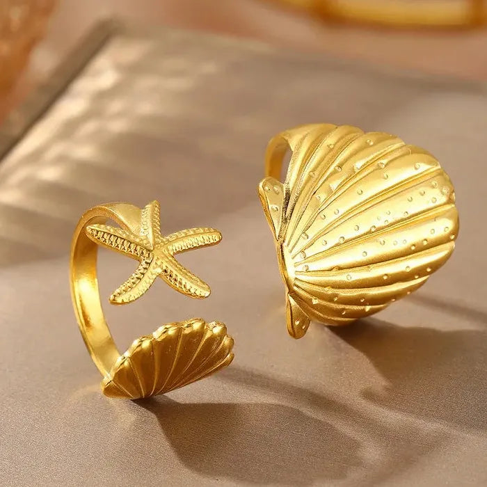Adjustable Stainless Steel Sea Star Shell Ring Vintage Gold for Women Men Jewelry