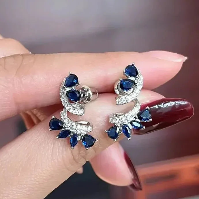 Blue Zircon Flower Stud Earrings Zinc Alloy Women’s Anniversary Gift Jewelry