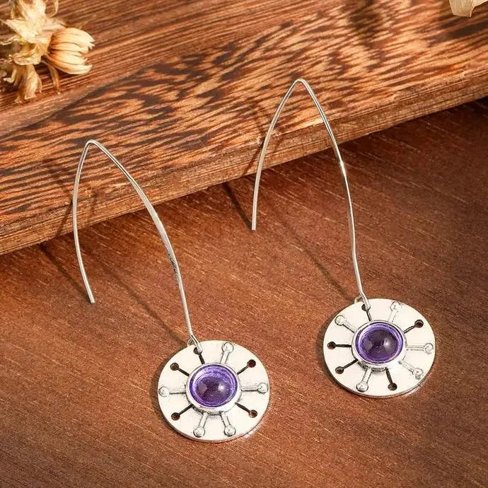 Vintage Silver Metal Purple Stone Circular Pendant Drop Earrings for Women