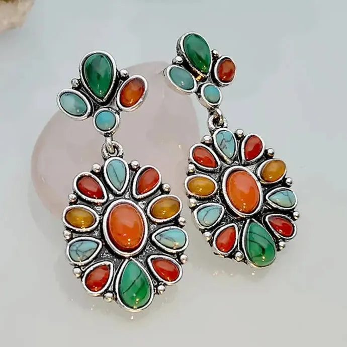 Vintage Colored Gemstone Drop Earrings Zinc Alloy Luxury Wedding Jewelry Gift