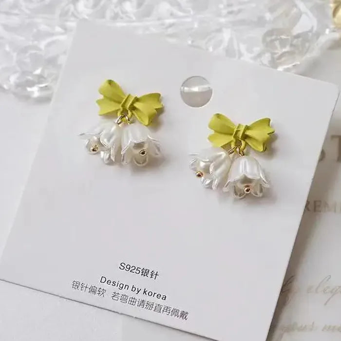 Korea Sweet Green Bow Bell Flower Drop Earrings for Women Alloy Resin Jewelry