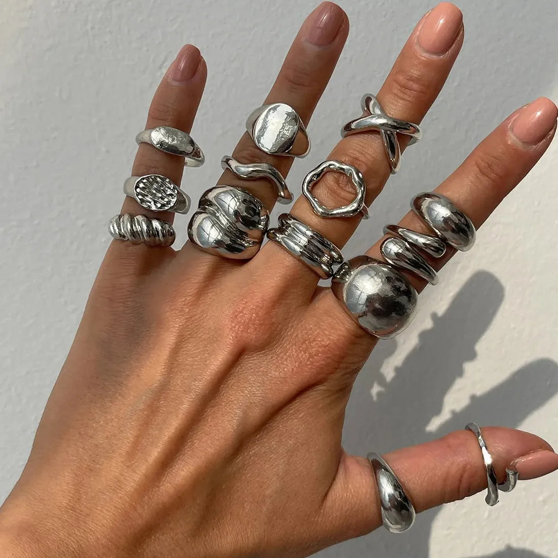14Pcs Vintage Silver Punk Hiphop Metal Knuckle Rings Geometric Design for Women Men