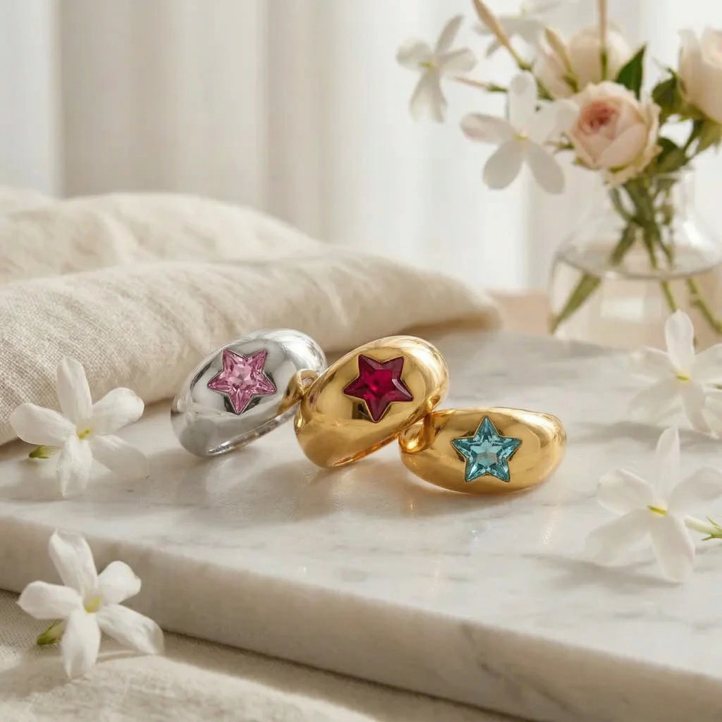 Chunky Dome Star Wedding Ring Stainless Steel CZ 18K Gold Plated Bridal Jewelry