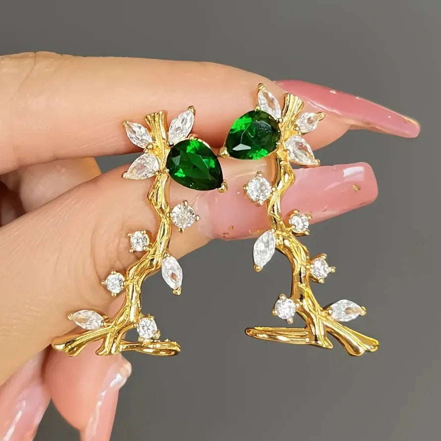 2022 Green White CZ Cubic Zirconia Branch Clip Earrings Copper Alloy