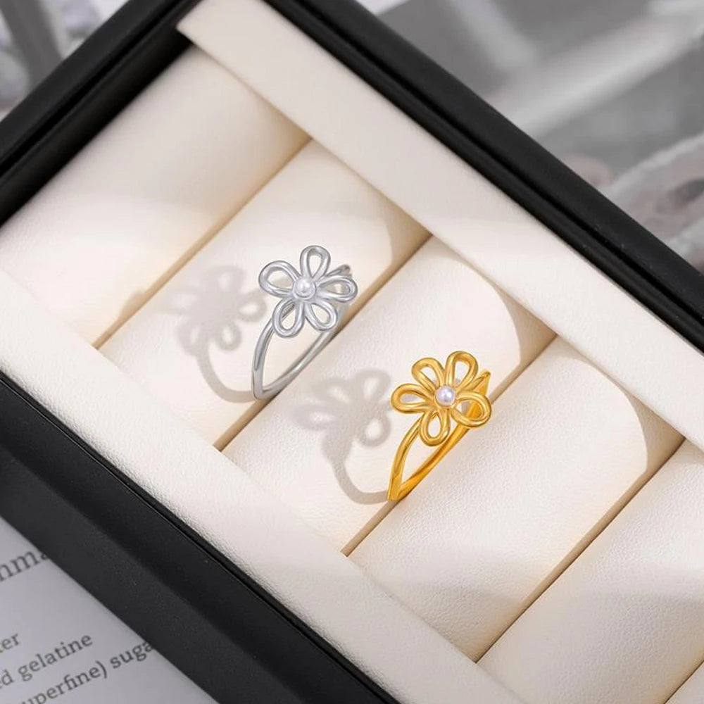 18K Gold Plated Stainless Steel Flower Ring with Imitation Pearl for Women Wedding