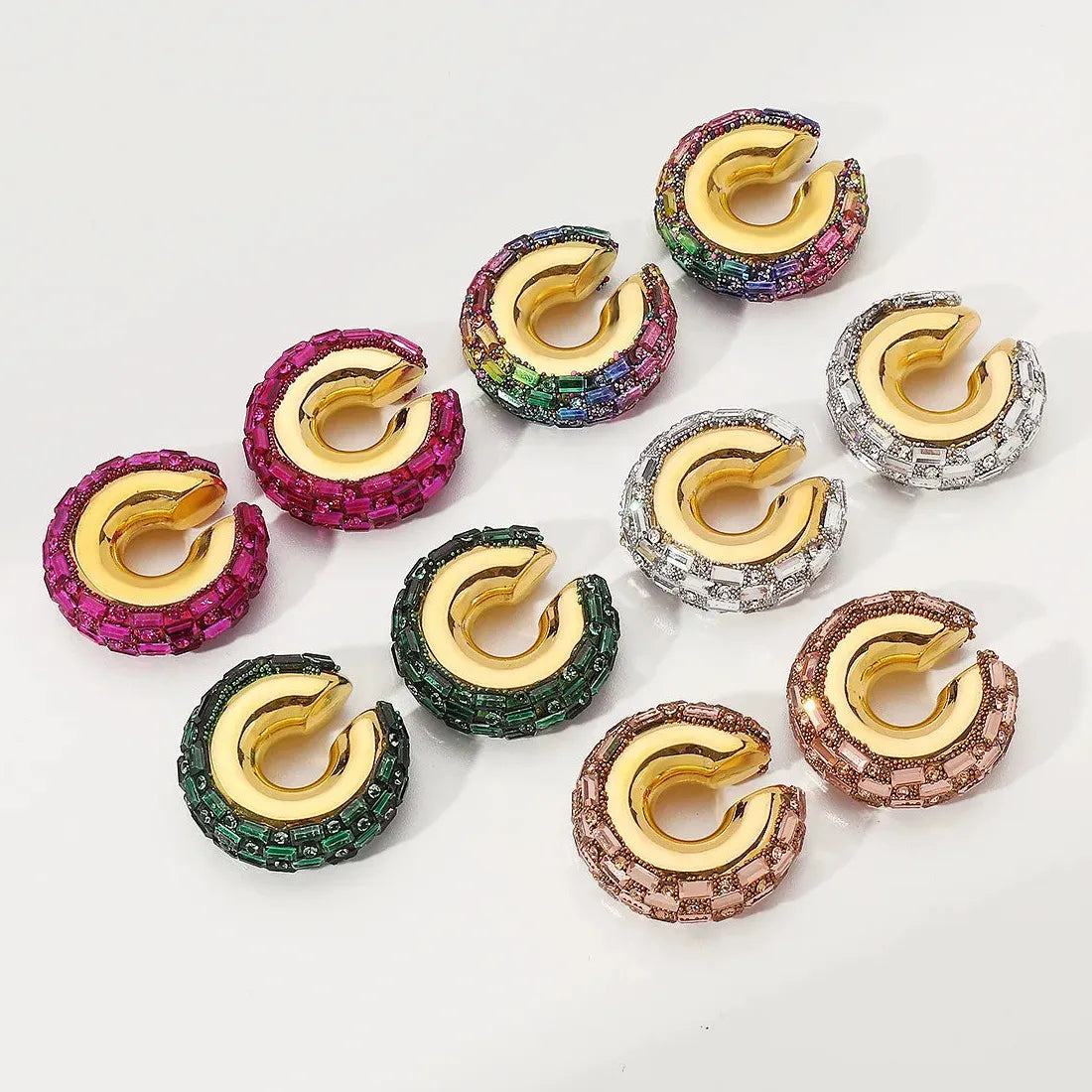 Luxury Colorful Crystal C-Shape Zinc Alloy Clip Ear Cuffs for Women
