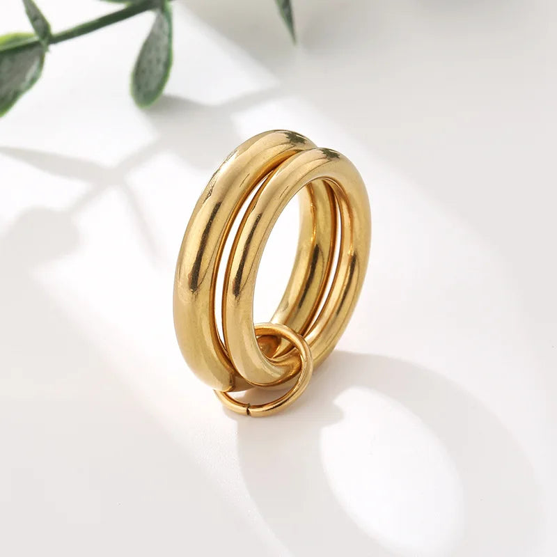 18K Gold Plated Stainless Steel Double Round Finger Ring for Women Waterproof Hiphop Jewelry