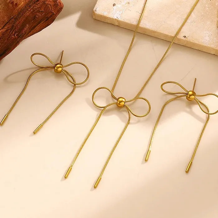 Vintage Stainless Steel Bow Earrings & Pendant Necklace Set for Women