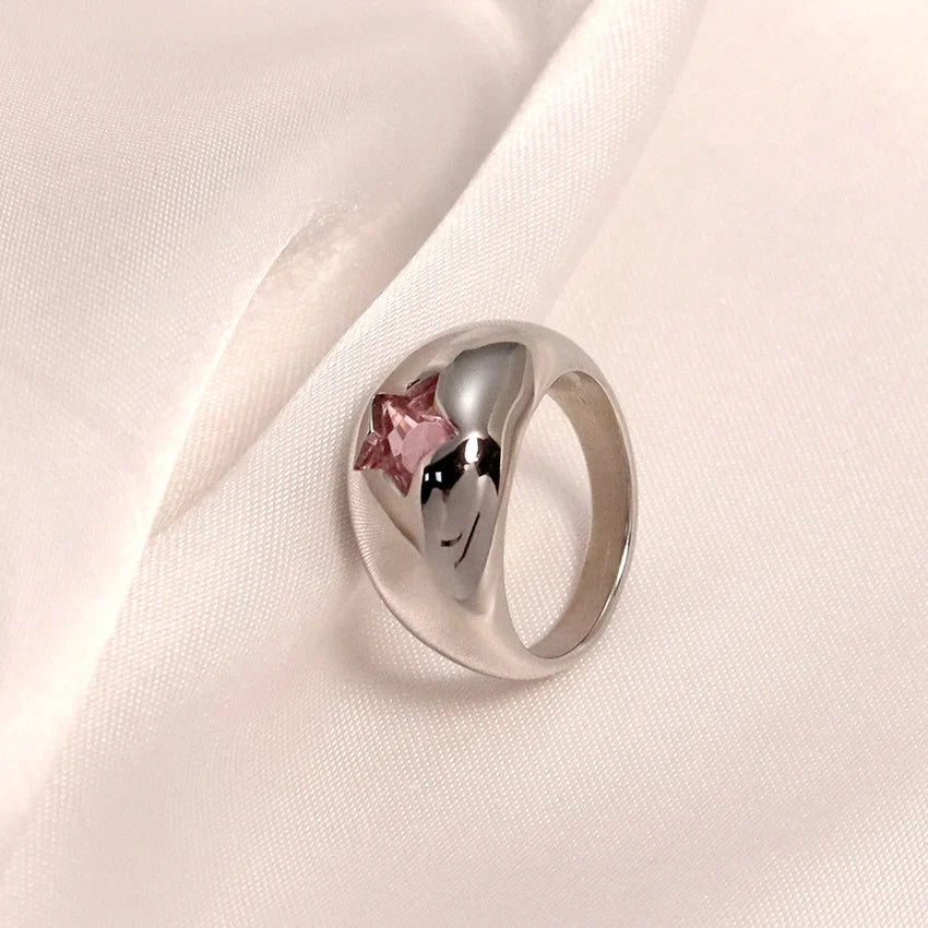 18K Gold Plated Stainless Steel Star Ring for Women Pink Zircon Dome Band
