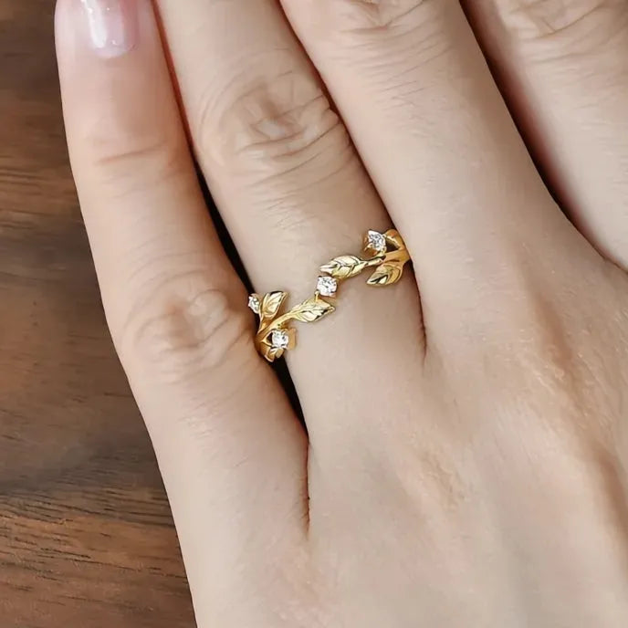 Gold Color Leaf Ring for Women Wedding Band Brass Cubic Zirconia Crystal Jewelry