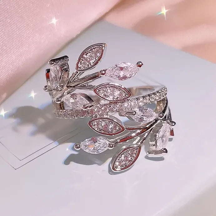 Elegant Leaf Branch Cubic Zirconia Wedding Ring for Women
