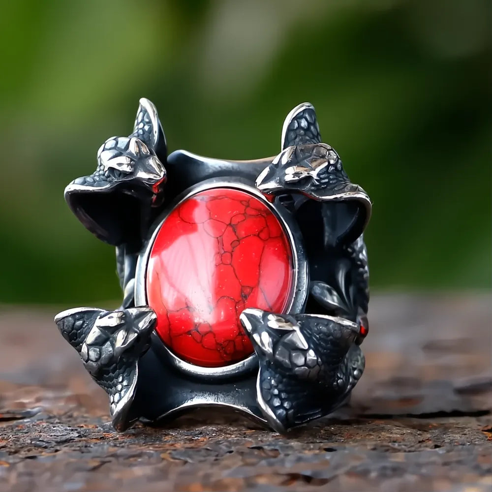 Four Snake Heads Ring 316L Stainless Steel – Red Zircon Punk Biker Ring