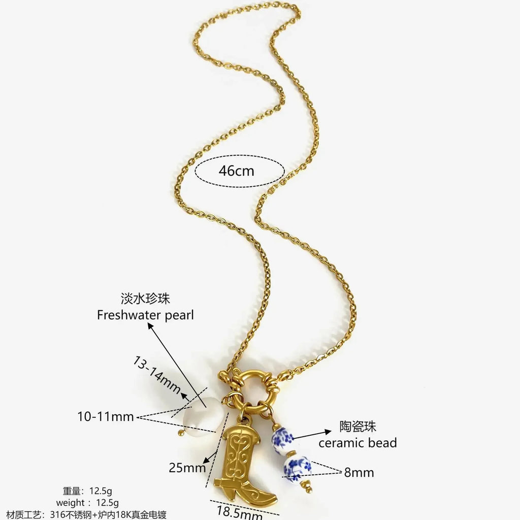 18k Gold Stainless Steel Cowboy Boot Pendant Necklace Pearl Choker Blue White Porcelain
