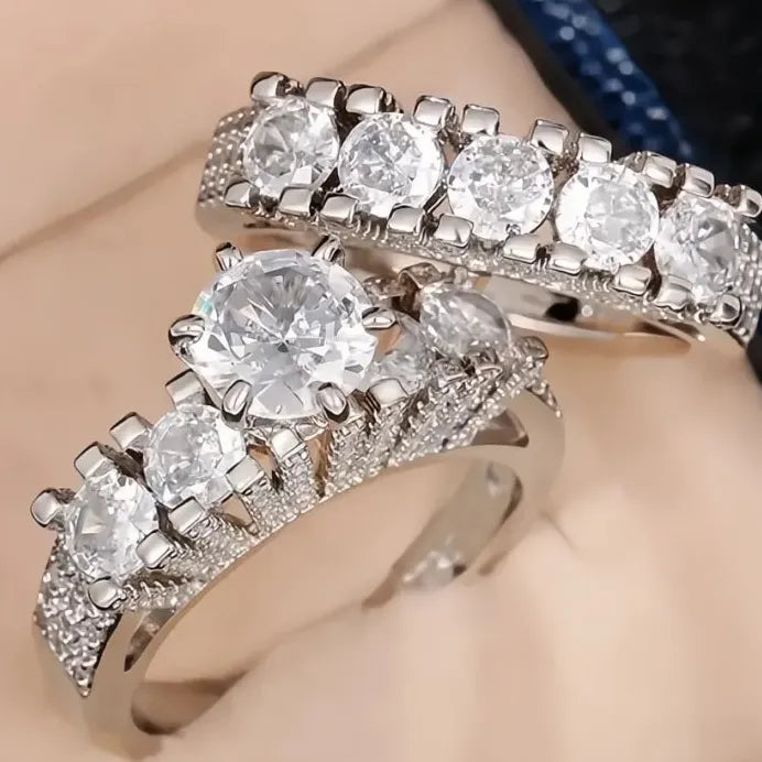 Elegant Luxury Women Cubic Zirconia Bridal Wedding Ring Set