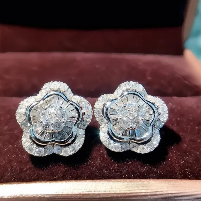 Geometric Silver Flower Cubic Zirconia Wedding Stud Earrings Jewelry