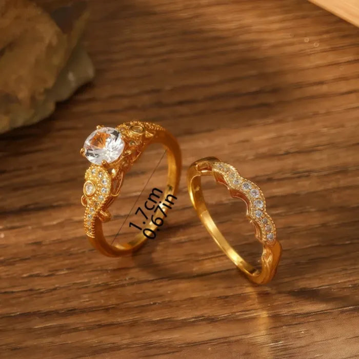 2 Pieces Copper Rings with Gold Inlaid Cubic Zirconia for Women Engagement Party Jewelry