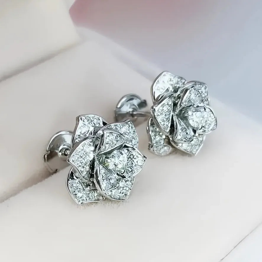 Geometric Flower Cubic Zirconia Stud Earrings Silver Gold Bridal Jewelry