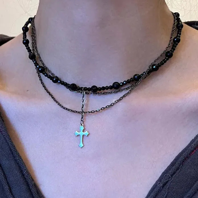 Vintage Gothic Punk Y2K Black Crystal Cross Pendant Necklace for Women Faith Jewelry