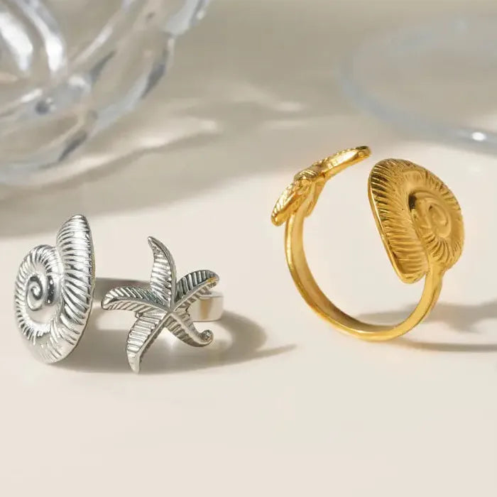 Boho Stainless Steel Sea Star Conch Open Ring Adjustable Men Women Beach Jewelry