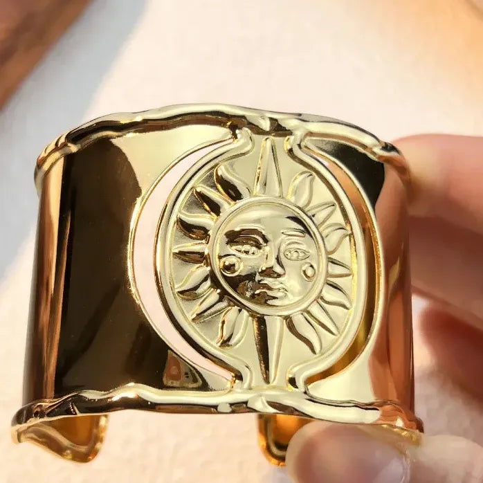 Gold Plated Stainless Steel Sun Pattern Wide Cuff Bracelet for Women