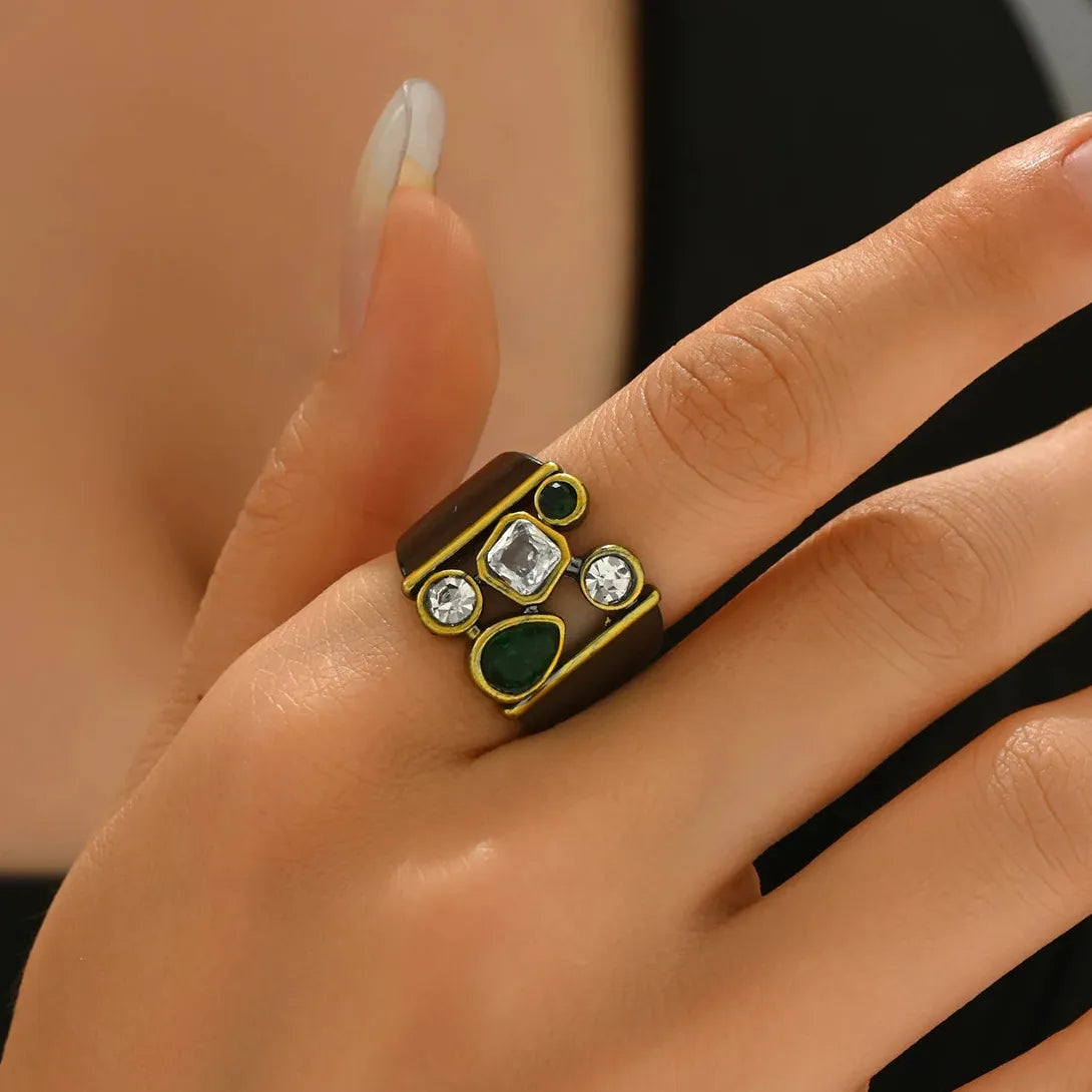 Vintage Silver Color Women's Ring Wide Creative Imitation Crystal Zinc Alloy Jewelry