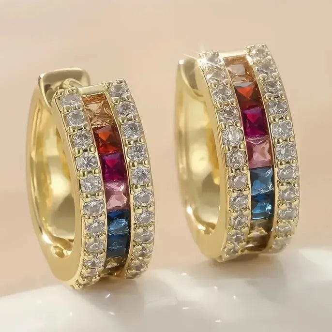 Geometric Multi-Color CZ Inlaid Copper Alloy Hoop Earrings for Party & Wedding