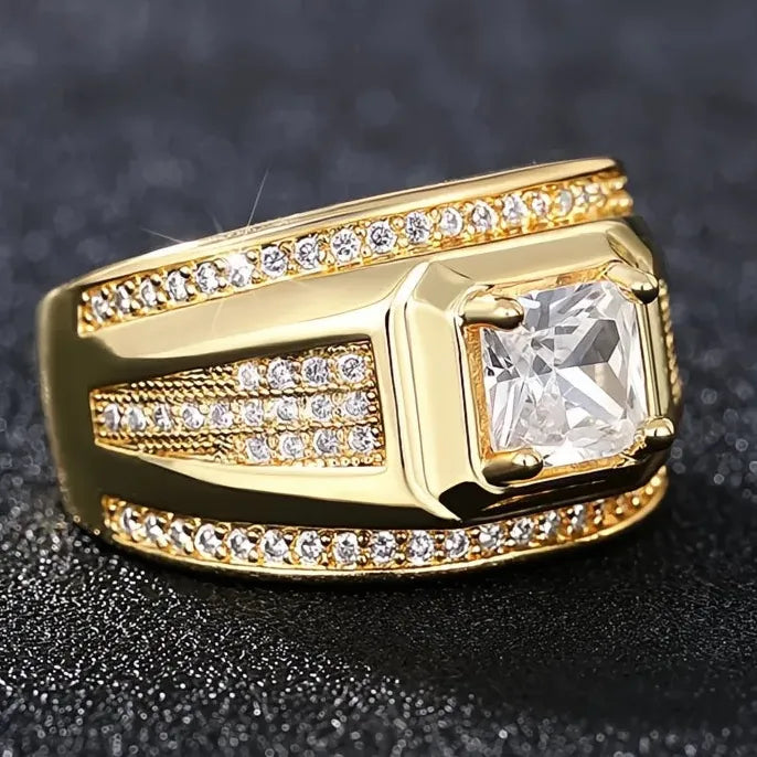 Men’s Gold Brass Geometric Wedding Band with Cubic Zirconia Engagement Ring