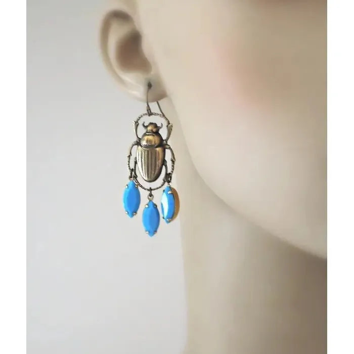 Vintage Blue Gemstone Beetle Pendant Drop Earrings Zinc Alloy Jewelry for Women