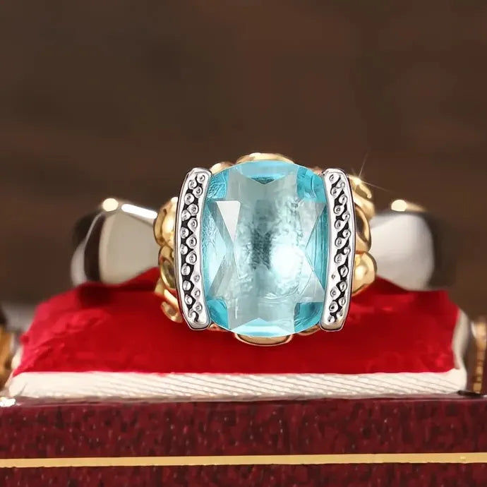 Two Tone Brass Women’s Geometric Ring with Blue CZ Wedding Party Jewelry