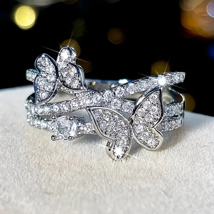 Romantic Double Butterfly Brass Wedding Ring with Cubic Zirconia for Women