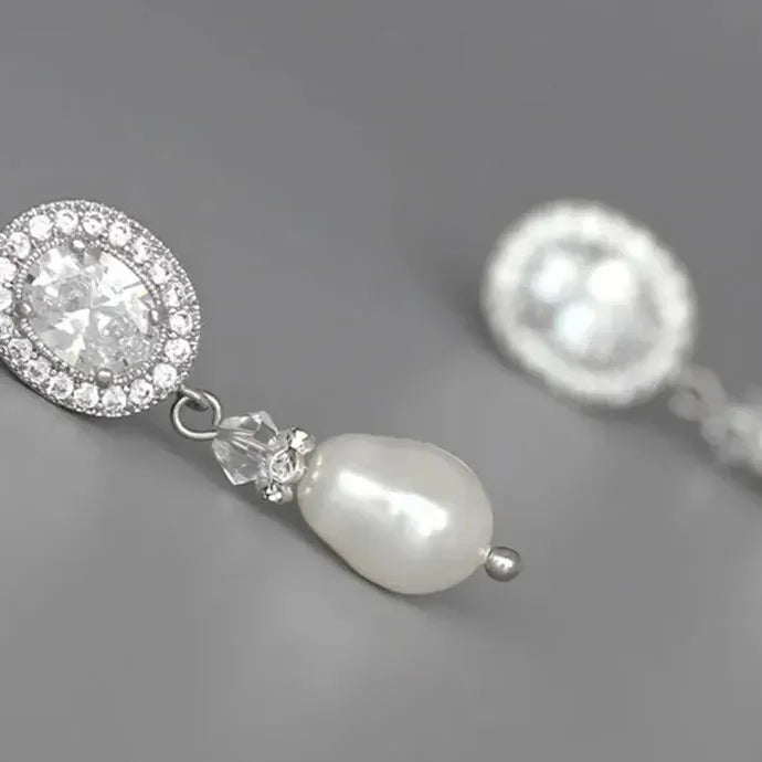 Silver Princess Cut Oval Zircon Earrings with Imitation Pearl Pendant for Women