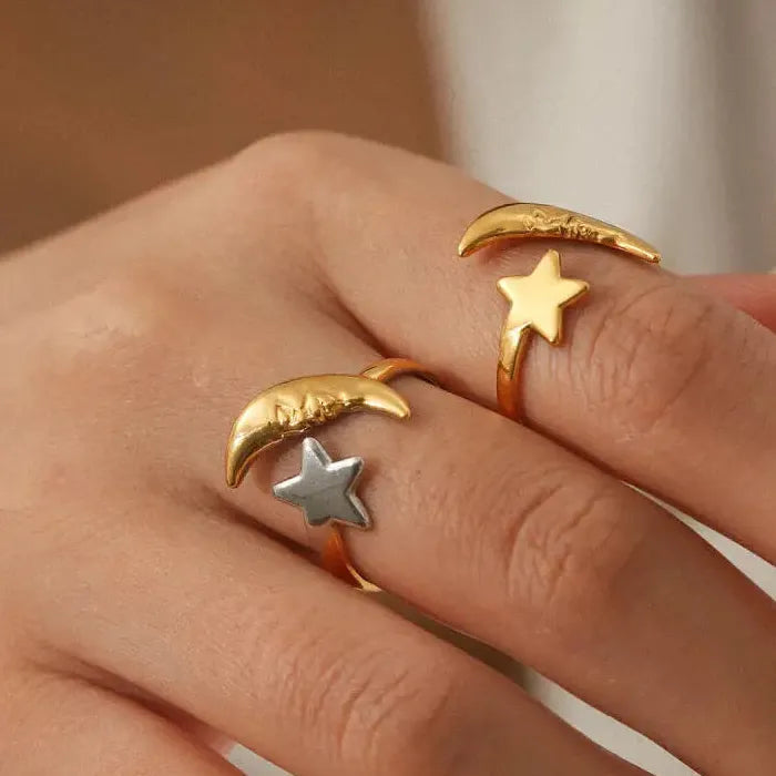 Adjustable Stainless Steel Moon Star Open Ring Unisex Gold Silver Gift Jewelry