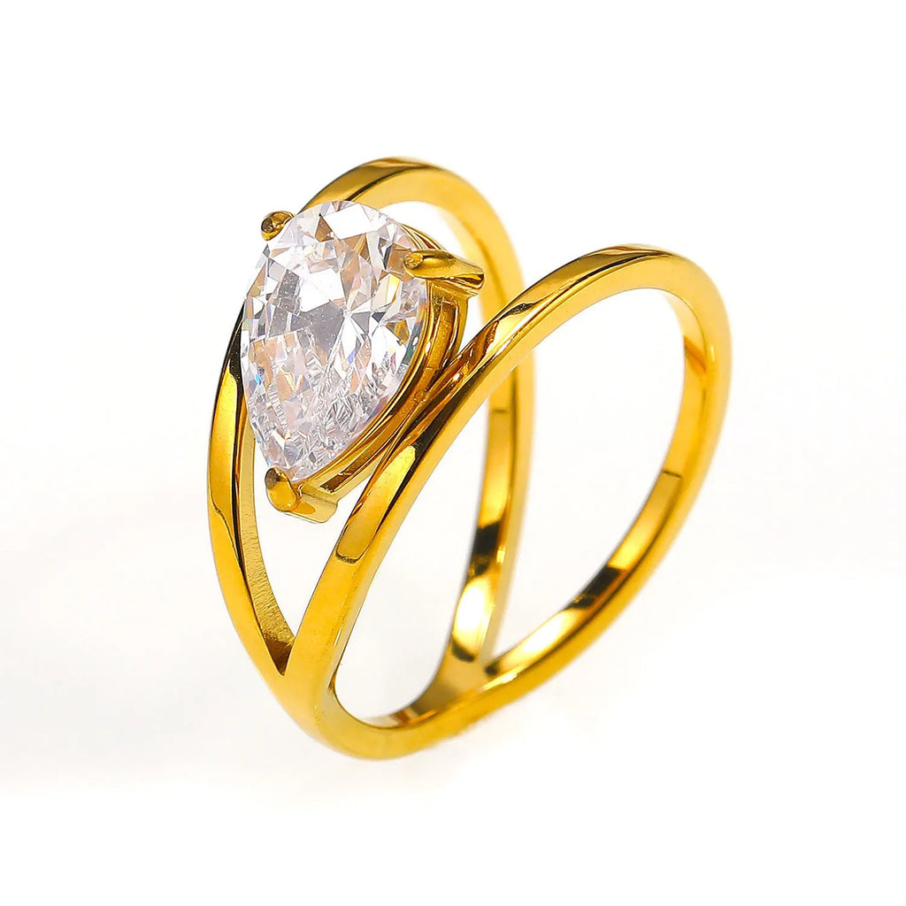 18k Gold Plated Stainless Steel Double Layer Circle Waterdrop Zircon Ring Women