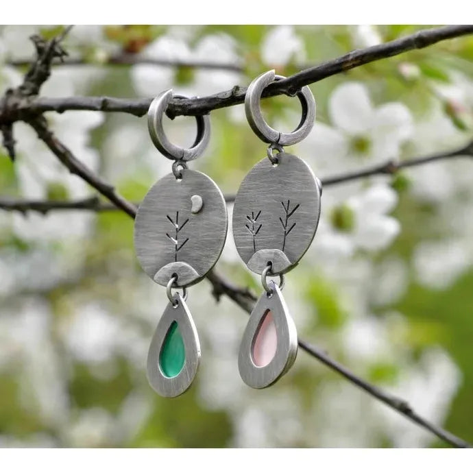 Retro Waterdrop Flower Leaf Geometric Pink Green Gemstone Silver Earrings Women