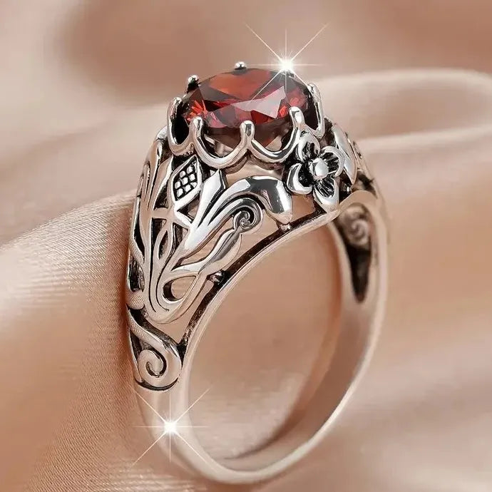 Vintage Red Zircon Plant Pattern Zinc Alloy Ring Gothic Punk Jewelry Gift