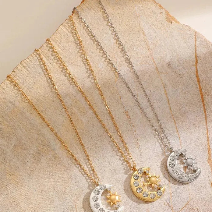 Zircon Moon Sun Pendant Necklace Copper Chain Vintage Gift 2026